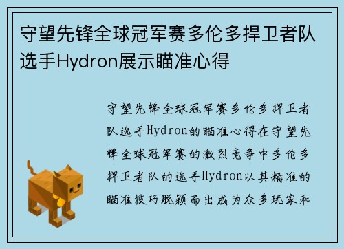 守望先锋全球冠军赛多伦多捍卫者队选手Hydron展示瞄准心得