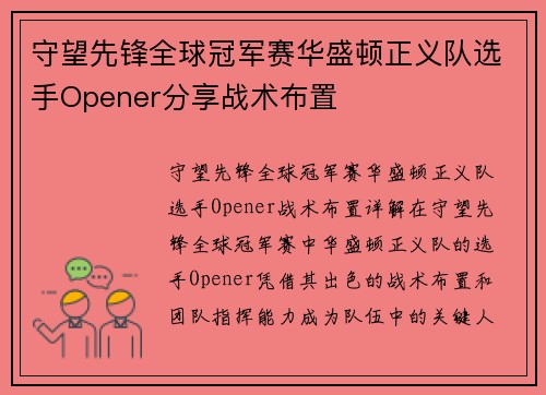 守望先锋全球冠军赛华盛顿正义队选手Opener分享战术布置