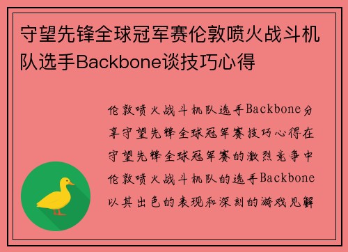 守望先锋全球冠军赛伦敦喷火战斗机队选手Backbone谈技巧心得